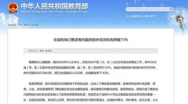 配图2 教育部：全国各地已整改有问题的校外培训机构突破75%